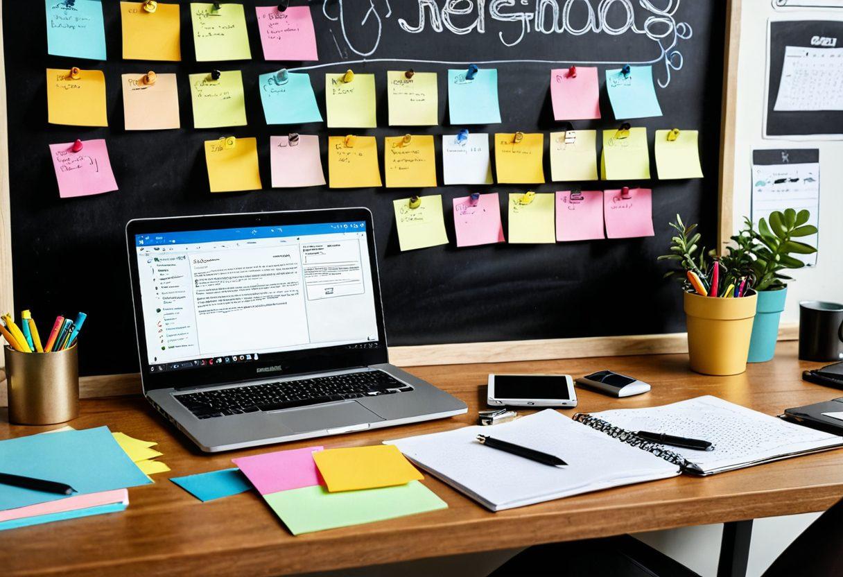 A well-organized desk with an open laptop displaying an eye-catching blog layout, surrounded by colorful sticky notes, flowing documents, and a steaming cup of coffee. In the background, a chalkboard with strategy notes and infographic arrows illustrating a streamlined process. The atmosphere should feel dynamic and engaging. vibrant colors. modern design. super-realistic.
