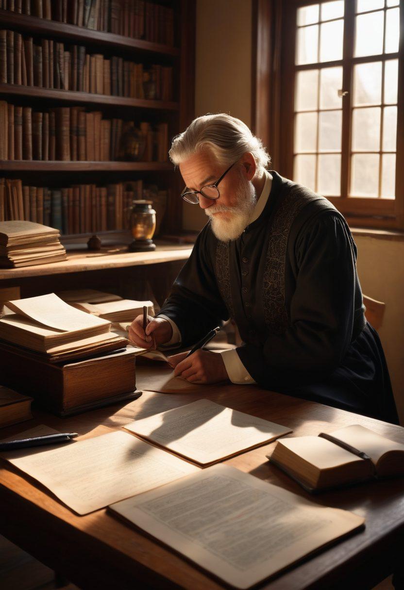 A scholar sitting at a wooden desk, surrounded by books and texts, intensely analyzing a piece of writing with a magnifying glass in one hand and a notepad in the other. The background features a chalkboard filled with diagrams and notes on textual techniques. Sunlight streams through a window, creating a warm and inviting atmosphere, showcasing rich details of the study environment. super-realistic. warm colors. 3D.